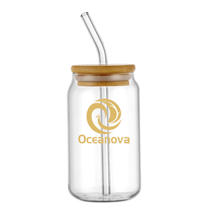 Vaso de Cerveza de Borosilicato de 16 oz con Logotipo Personalizado, en Forma de Lata, para Té, con Tapa de Bambú y Pajita de Vidrio - Product Image 4