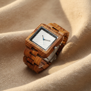 <span class=keywords><strong>Montre</strong></span> carrée en bois de zèbre avec cadran blanc à carreaux, aiguille des secondes bleue et <span class=keywords><strong>bracelet</strong></span> intégré en maillons de bois - Product Image 1