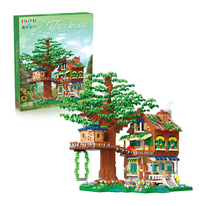 MOYU blok mikro 4076 buah rumah pohon Elf ungu hijau blok bangunan intelijen partikel kecil mainan pendidikan