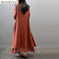 TONGYANG Robe Longue Femme Vintage en Coton et Lin, Boutonnage Simple, Ample et à Poches, Une Pièce, Décontractée, Grandes Tailles