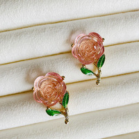 Broche de mariage en alliage en forme de rose, boucles d'oreilles à tige en argent, émail à effet goutte d'huile, feuilles vertes, cristal de glace transparent pour femme
