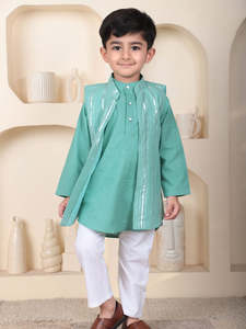 Petit garçon en kurta vert sarcelle avec gilet rayé et pyjama blanc, tenue ethnique festive vue de dos, mode enfant stylée - Product Image 4