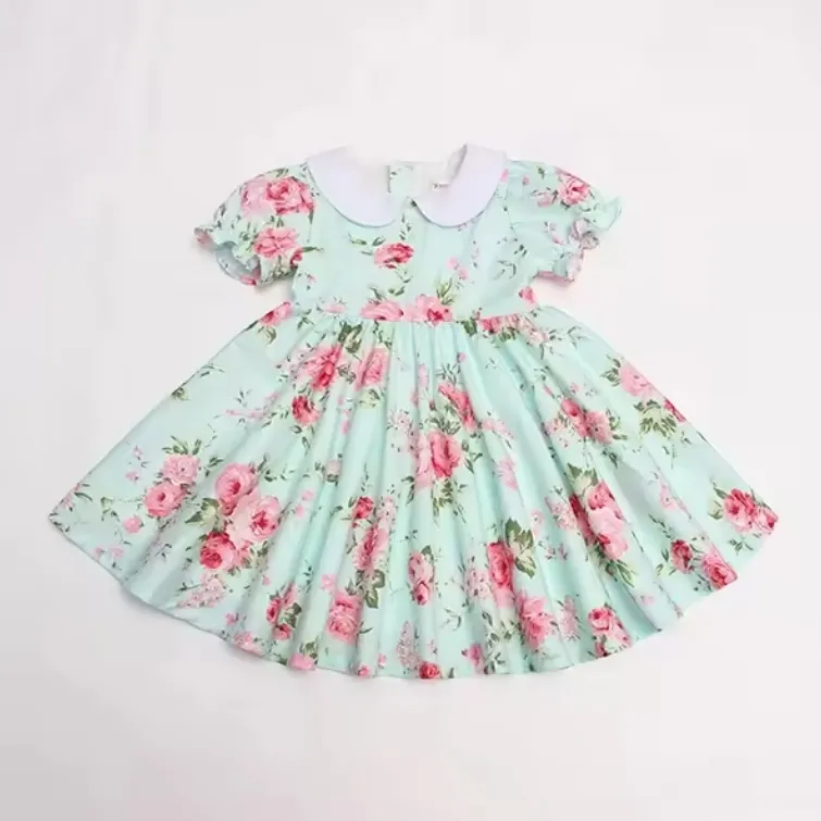 Manches bouffantes col claudine robes été bébé filles robes haute qualité en gros pur coton enfants robe florale vêtements