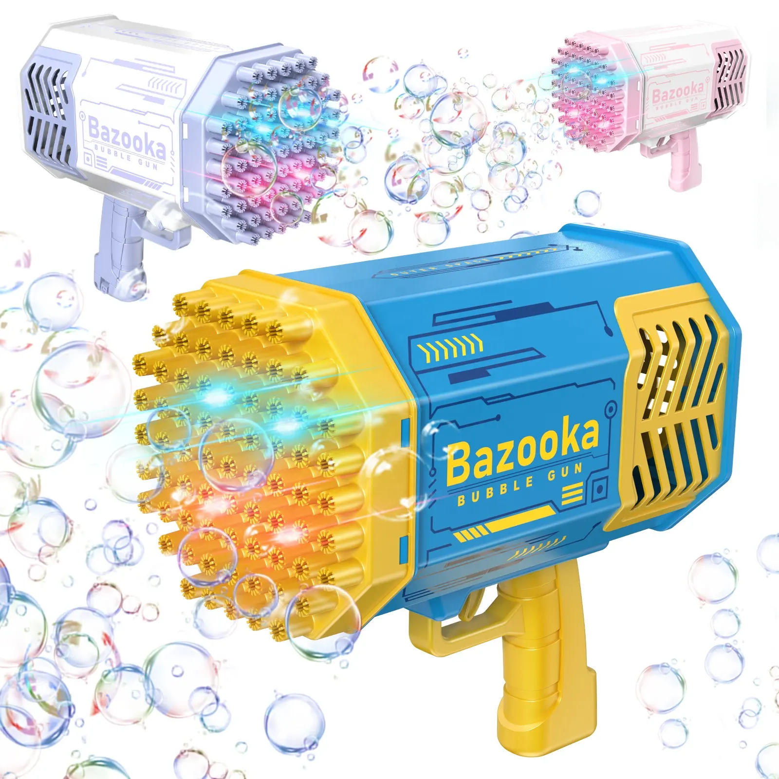 Mitrailleuse à bulles jouets pour enfants 69 trous pistolet à bulles bazooka savon automatique à main avec lumière pour enfants adulte anniversaire mariage