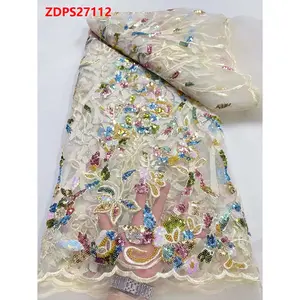 New Multi Color Bead Tube Machine Embroidery Tulle Net Mesh Sequins Guipure Cord Lace Fabric