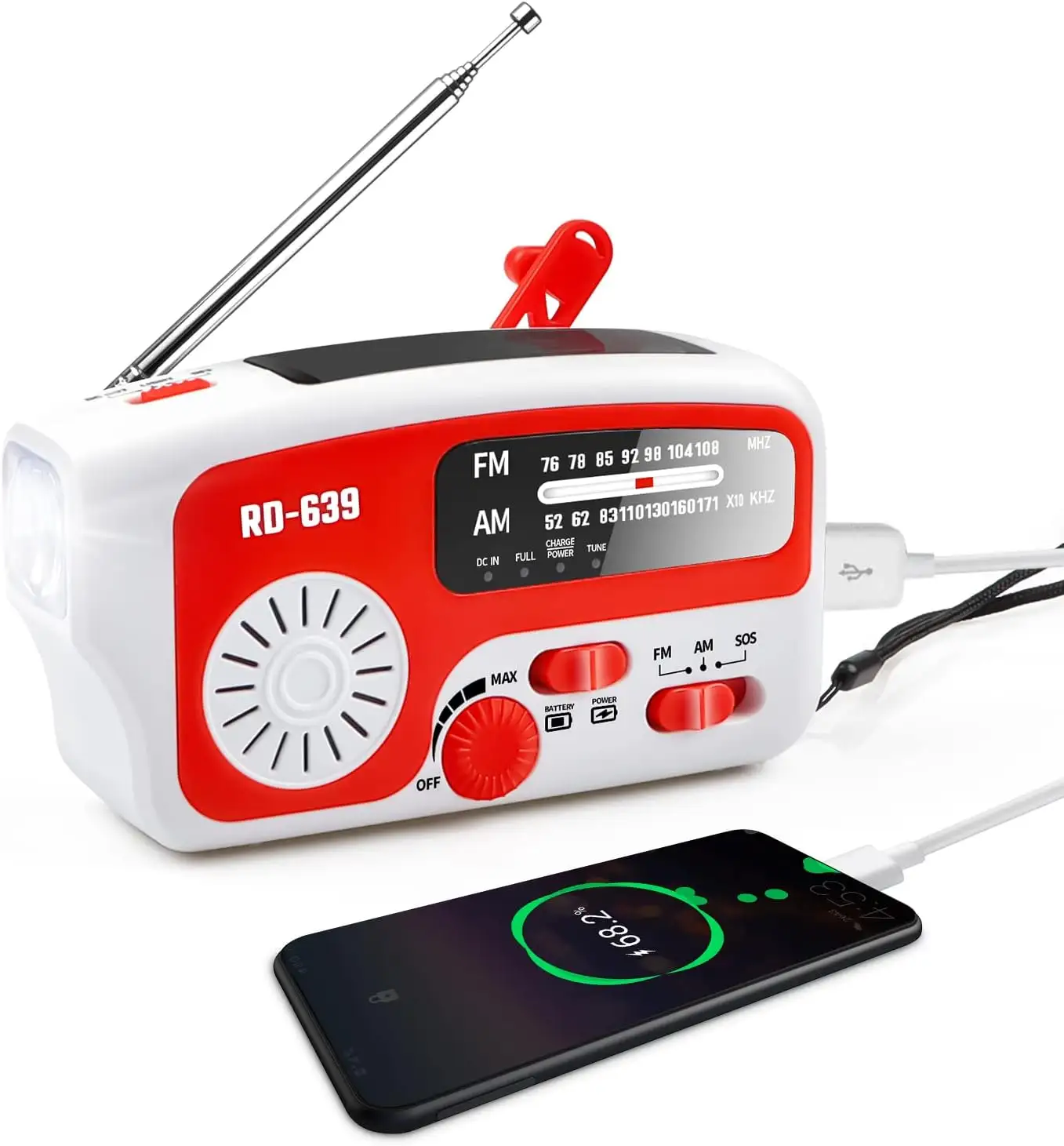 Radio solar de emergencia portátil, dínamo solar de 1200mAh recargable, manivela de mano, FMAM Radio LED antorcha para emergencias al aire libre