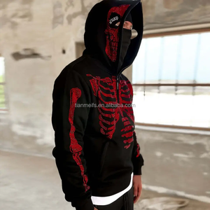 Logo personalizzato di alta qualità Streetwear francese Full Zipup con cappuccio con cappuccio nero con scheletro di strass con cerniera da uomo - Product Image 2