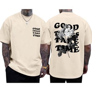 Camiseta de algodón oversize con estampado de rosas y gráfico frontal y trasero para hombre, cuello redondo, estilo streetwear - Product Image 1