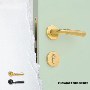 Set di Maniglie per Porte in Ottone Massiccio Serie Fonografica con Serratura Meccanica <span class=keywords><strong>a</strong></span> Leva per Porte Interne in Legno di Hotel e Ville di Lusso - Product Image 1