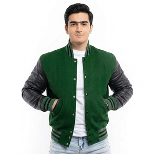 Chaqueta Varsity Verde y Negra para Hombre, Tejida, Transpirable, Impermeable, Mangas en Contraste, Puños y Dobladillo con Cremallera Frontal, 100% Algodón, Invierno - Product Image 1