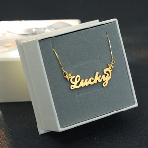 Collana <span class=keywords><strong>con</strong></span> Ciondolo Personalizzato Placcato Oro, Catena a Maglia Quadrata in Acciaio Inossidabile <span class=keywords><strong>con</strong></span> <span class=keywords><strong>Nome</strong></span> e Due Stelle, Gioielli per Donne - Product Image 2