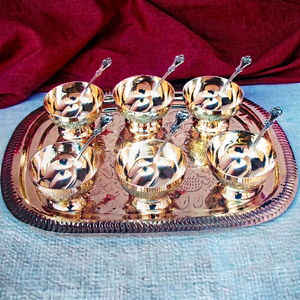 Brass Polished Disposable <b>Small</b> Ice Cream Serving Bowl with Round Tray & Spoon for <b>Table</b> Hotel Home Use and Business Gifts - Product Image 1