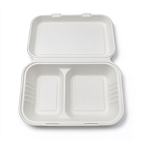 Boîte à lunch biodégradable en bagasse, conteneur à clapet à 2 compartiments avec couvercle, emballage alimentaire jetable pour restaurant à emporter
