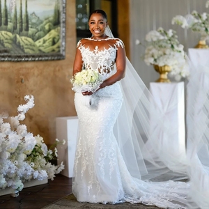 <span class=keywords><strong>Abiti</strong></span> da Sposa di Lusso Stile Sirena con Applicazioni Africane, Maniche Lunghe, Tulle Aso Ebi, Vestiti da Sposa Personalizzabili - Product Image 1