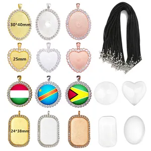 Rhinestone Necklace Jewelry Key Chain Pendant Custom Photo Sublimation Flag Pendant Trays Bezel Tray Blank With Glass Cabochon