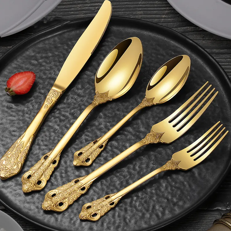 Tenedor y cuchillo de cuchara real de acero inoxidable 304, cubiertos Retro chapados en oro para boda, conjunto de cubiertos de lujo Vintage dorado