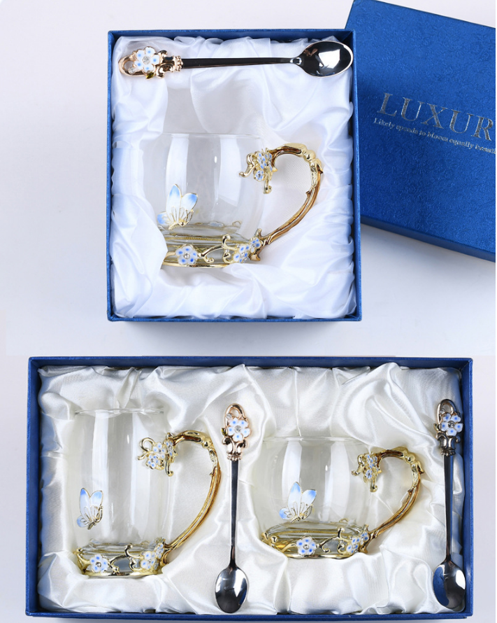 Heat Resistant Embossed Luxury Enamel Crystal Flower Brew Peach Blossom Metal Handle Violet Glass Tea Romantic Iris Cup For Lady