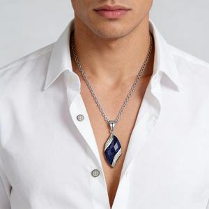 Collier Pendentif Feuille en Grès Bleu Style Européen, Bijou Homme en Acier Inoxydable, Design Géométrique, Sertissage Clos, Pendentif Tendance - Product Image 2