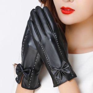Guantes de Cuero para Mujer, Invierno, Negros, Táctiles, Estilo Dulce, Cálidos, Dedos Completos, con Diseño de Lazo - Product Image 1