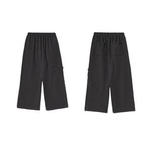 KingSen Men's Streetwear 100% Cotton Loose Wide Leg Pants Elastic Waist <b>Drawstring</b> Casual Embroidery <b>Trousers</b> - Product Image 5