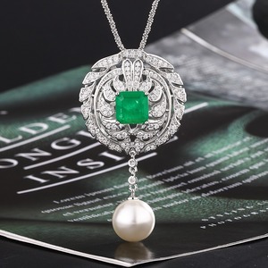 Bandul kalung liontin safir zamrud mutiara, Set perhiasan halus pesta pernikahan hari jadi wanita - Product Image 4
