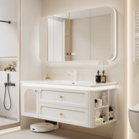 Meuble de salle de bain mural de style américain en bois d'hévéa écologique de haute qualité avec miroir intelligent et lavabo en céramique