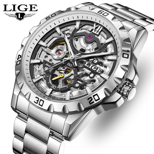 LIGE <b>Skeleton</b> <b>Automatic</b> Mechanical Chronograph <b>Watch</b> Men Business Style Stainless Steel Band 44mm Dial 3BAR Water Resistant 21cm - Product Image 1