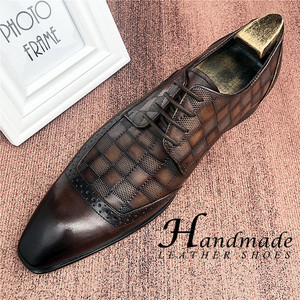 Nouvelles Chaussures en Cuir Rayées Artisanales – Chaussures Montantes Tendance pour Hommes à Bout Pointu, Respirantes, Décontractées, à Lacets, Légères - Product Image 1