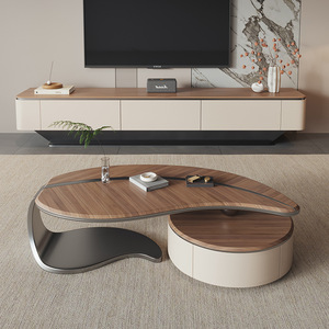 Juego de Mesa de Centro Moderno Nórdico con Forma de Hoja, Base de Acero Inoxidable, Tapa de Madera Sólida, Cajones, Ecológico, Duradero, Fácil de Limpiar - Product Image 4