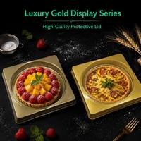 Plateau carré doré avec couvercle rond transparent, boîtes jetables écologiques en PET pour gâteaux, pâtisseries, pizzas et emballages de boulangerie