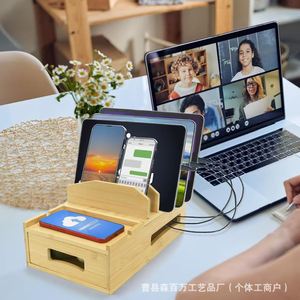 Bamboo Wood Cable Management Box Desktop Phone <b>Tablet</b> <b>Stand</b> Solid Wood Organizer Power Strip Storage Box - Product Image 2