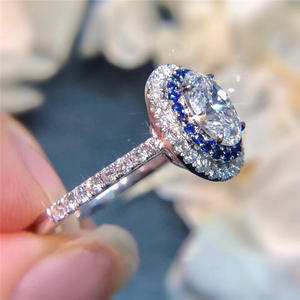 Anillo de Diamantes de Corte Ovalado F1778, Oro Blanco con Halo de Zafiro, Anillo de Compromiso para Mujer, Diamante Natural de Color D, Joyería - Product Image 4