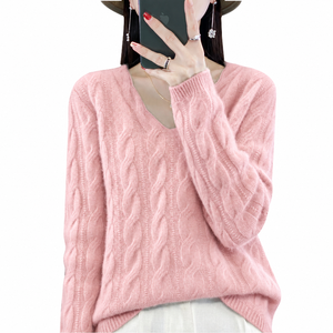 เสื้อสเวตเตอร์คอวีถักลายเคเบิ้ลแคชเมียร์แท้ 100% สำหรับผู้หญิง แขนยาว ผลิตภัณฑ์ถักนิตติ้งสำหรับฤดูหนาว ขายส่งจากโรงงาน - Product Image 1