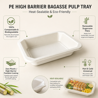 Baki Pulp Bagasse Berbarrier Tinggi, Dapat Disegel Panas, Komposabel Sekali Pakai, MAP untuk Makanan Siap Saji & Makanan Matang, Stok Besar
