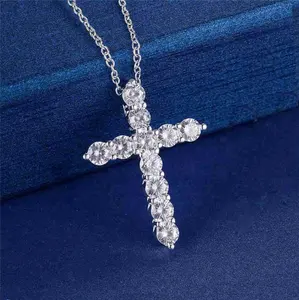 Religious jewellery small silver plated cubic zircon diamond cross pendant necklace for women