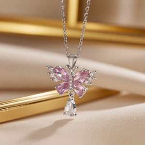 Collar De Acero Inoxidable Stainless Steel Chain <b>Necklace</b> Jewelry Pink <b>Blue</b> Zircon Butterfly Charm Clavicle Chain <b>Necklace</b> - Product Image 2