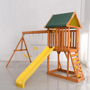 Juego de columpios de madera más vendido con casita de juegos, tobogán amarillo y rocas para escalar, juego de columpios para jardín y patio trasero - Product Image 3