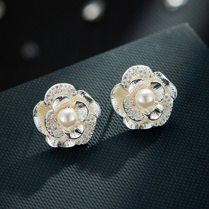 Camellia Flower Stud <b>Earrings</b> Gold Plated Pearl Center S925 Silver <b>Posts</b> Elegant Fashion Jewelry For Women Daily Wear - Product Image 4