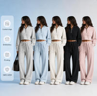 Set Sweatshirt Wanita Kerah Tinggi Resleting Seperempat Model Crop, Celana Kaki Lebar, Bordir Custom, Musim Gugur Musim Dingin, Produk Terbaru