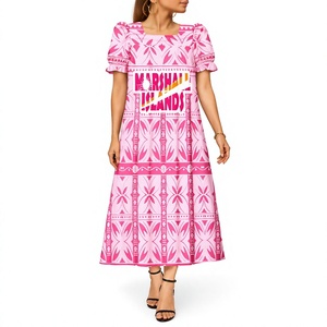 Vestido Mumu Micronésico Personalizado, Estampado Tribal Polinesio Tapa, Vestido Maxi con Mangas Abullonadas y Volantes, Ropa de Moda Cultural OEM - Product Image 1