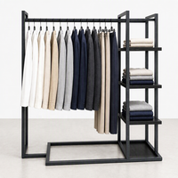 Porte-vêtements en métal noir en forme de L avec barre de suspension, étagères latérales et base en U sur mesure