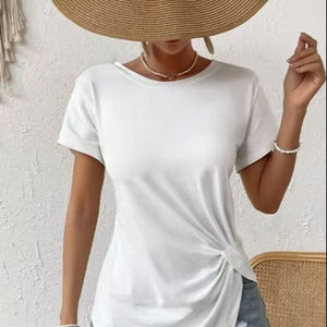 Mono de manga corta con cuello redondo para mujer, dobladillo anudado, camiseta informal de vacaciones con textura hueca, tops bonitos - Product Image 1
