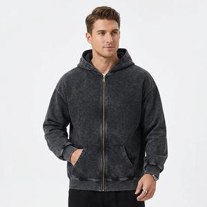 Sudadera con capucha para hombre con cremallera completa, gris oscuro con efecto lavado ácido, estilo casual oversize, para otoño, estilo streetwear - Product Image 1