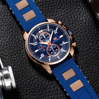 Montre chronographe à quartz pour homme, boîtier en or rose, cadran bleu, marqueurs lumineux, date, bracelet en silicone, sport