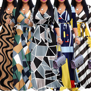 Abito lungo casual con stampa floreale, scollo a V, maniche a media lunghezza, vita impero e ampia gonna, per il mercato transfrontaliero europeo-americano - Product Image 1