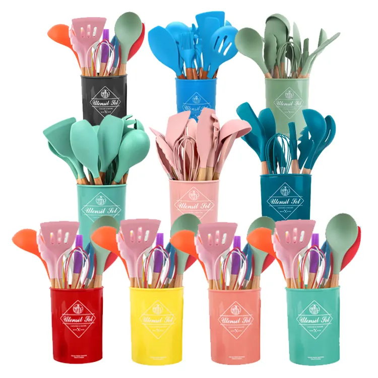 Custom Wholesale silicone kitchen utensils with Wood Handles set of kitchen utensils Non-stick cooking tools