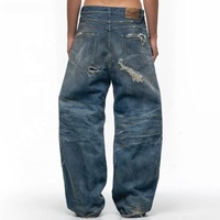 Jean Streetwear Personnalisé avec Logo, Coupe Droite Ample, Jambe Large, Effet Délavé Vintage, Bords Frangés, Denim Délavé et Déchiré