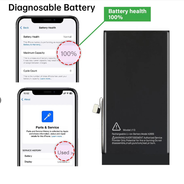 13 3227mAh 0-Cycle 100% Health No Popup Solderless Diagnostics Pure Cobalt 800+ Cycles Battery for 13 Smartphone CE Stock