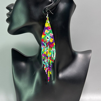 AHAYA anting-anting Juntai manik-manik kaca trendi Bohemian wanita anting-anting panjang pinggiran biji bunga tali perhiasan hadiah agama