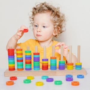 Jouet sensoriel de reconnaissance, jouets en bois pour le tri des couleurs, jeu d'empilage d'anneaux arc-en-ciel - Product Image 1